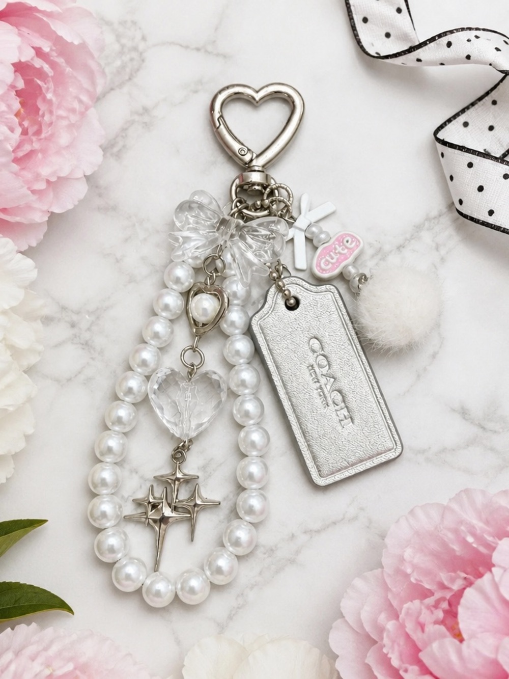 COACH Silver Hang Tag & White Pearl Charm Keychain with Heart, Bows and Pom